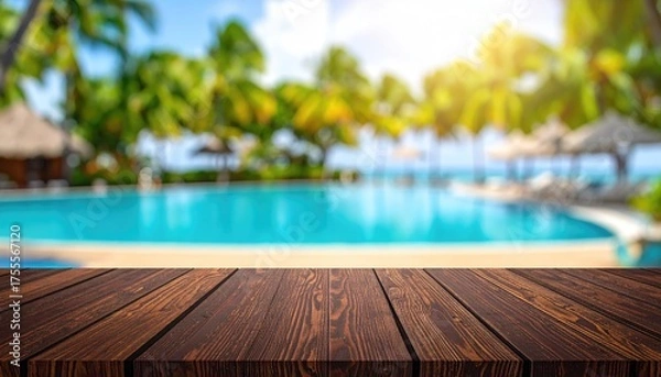 Fototapeta Wooden tabletop overlooking a tropical pool