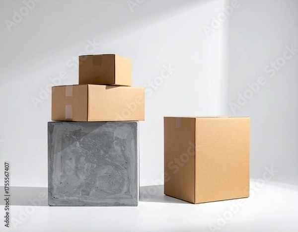 Fototapeta Stacked boxes on concrete, single box beside. Light and shadow