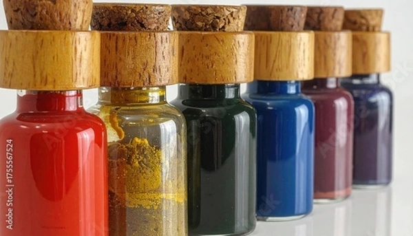 Fototapeta Row of colorful liquid vials with wooden/cork stoppers