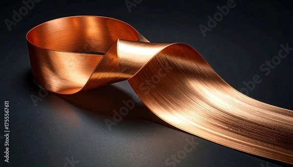 Fototapeta Shiny copper strip curls gracefully against a dark background