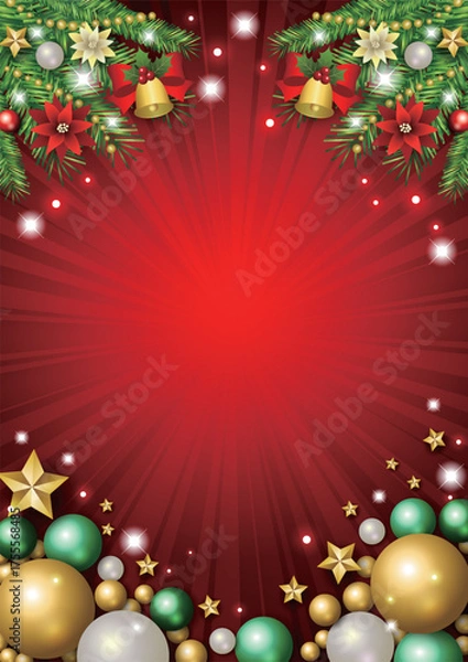 Fototapeta クリスマス背景、オーナメント、星、かわいい、イラスト、赤、縦