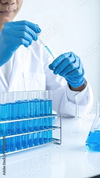 Obraz Scientist in lab coat using pipette with test tubes filled with blue liquid