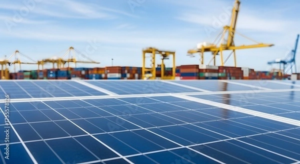 Fototapeta Solar Panels With Shipping Port Cranes In Background Eco Friendly Energy Renewable Power Clean Electricity Alternative Source Tech