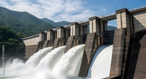 Fototapeta Hydroelectric Dam Powering a Nation: Renewable Energy Source and Engineering Marvel Harnessing Water's Force in Mountainous Landscape