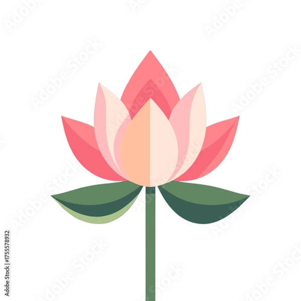 Fototapeta Stylized Pink Lotus Flower Illustration with Green Stem on White Background in Vector Format