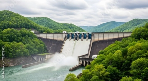 Fototapeta Hydroelectric Dam Surrounded by Lush Green Hills and Cloudy Sky: A Clean Power Source and Renewable Energy Infrastructure