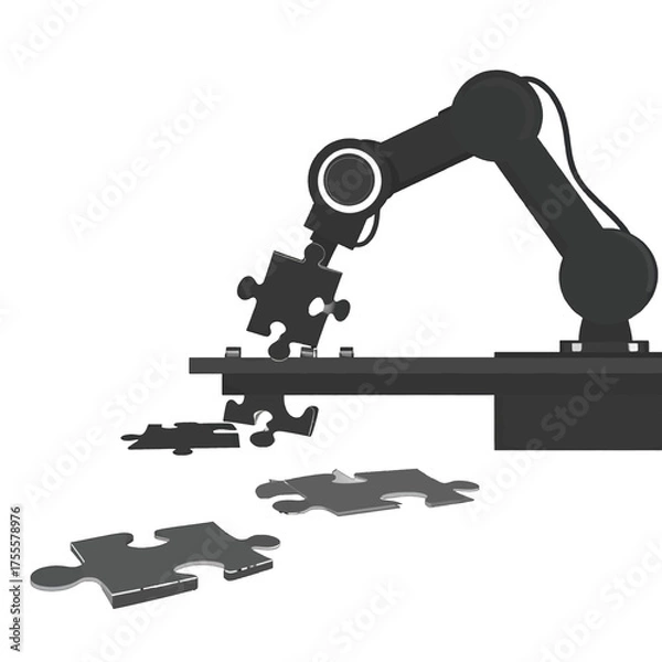 Fototapeta Black Mechanical Arm Assembling Puzzle Pieces Against a Plain White Background With Flat Lighting Illustrating Automation Process and Precision Engineering Concept