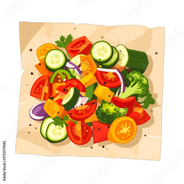 Fototapeta Vibrant Vegetable Pixel Art Display on Parchment Paper with Sliced Tomatoes Cucumbers Red Onion Broccoli Parsley and Orange Slices