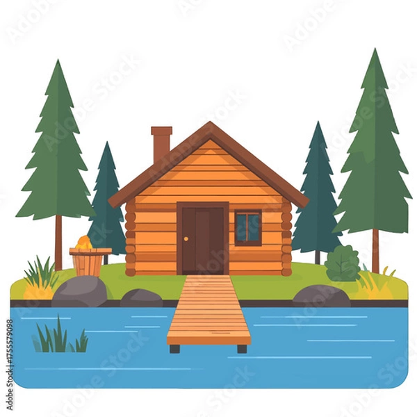 Fototapeta Cozy Log Cabin Surrounded by Evergreen Trees on Lakeside with Dock Under Bright Lighting