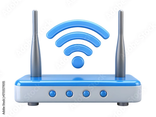 Fototapeta Modern wireless router with glowing blue wi fi signal waves and antennas isolated on transparent background