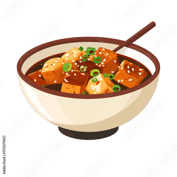 Fototapeta Pixelated Tofu Bowl with Green Onions and Sesame Seeds in Dark Broth in Cream Colored Bowl and Red Brown Rim With Wooden Spoon