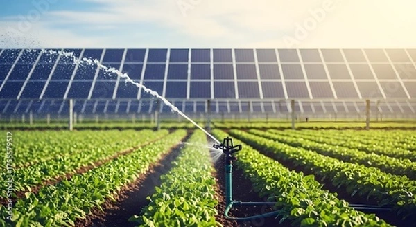 Fototapeta Solar Panels Powering Irrigation in Farm Field: Sustainable Agriculture and Eco-Friendly Farming Practices for Food Production
