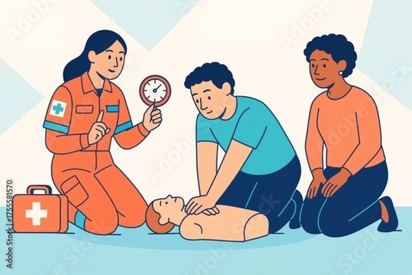Fototapeta CPR training with medical instructor teaching chest compressions on dummy with stopwatch, surrounded by diverse adults on light abstract background. Ai generative