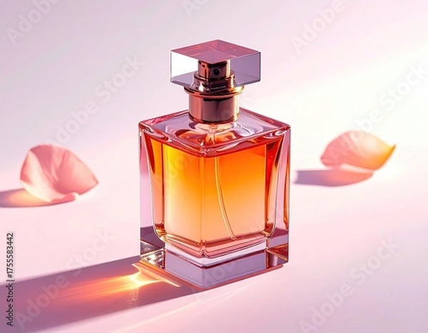 Fototapeta Perfume bottle with petals, light gradient