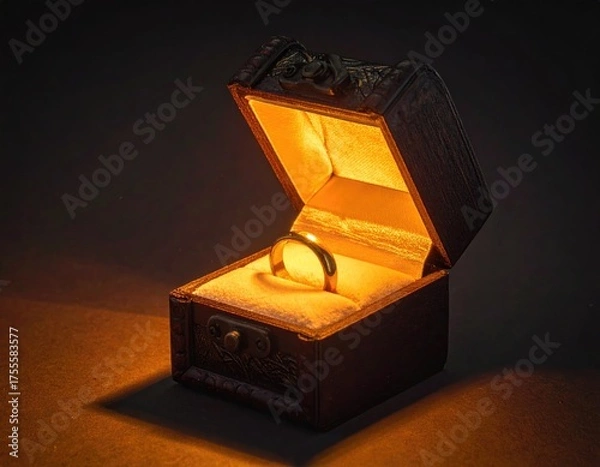 Fototapeta Ring shines in cushioned, ornate, open box