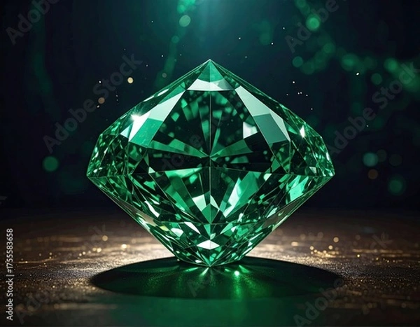Fototapeta Faceted, radiant green gem on shimmering surface