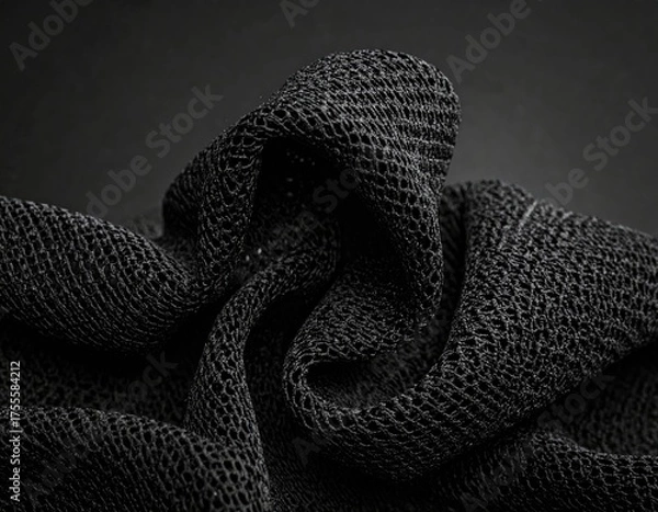 Fototapeta Dark, textured fabric draped. Open weave, soft lighting