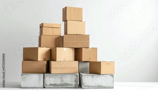 Fototapeta Stacked cardboard boxes on cinder blocks, against white wall