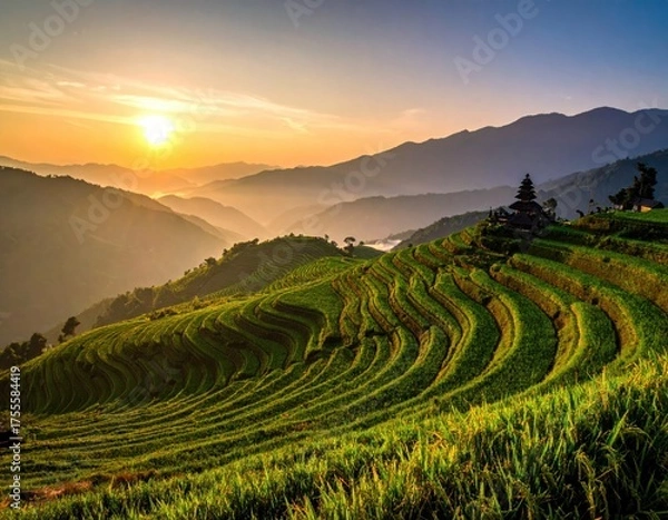 Fototapeta Rice terraces at sunset, mountains in background