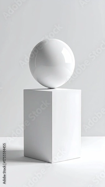 Fototapeta White sphere atop a white cube, minimalist studio shot