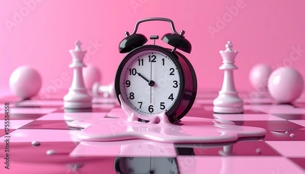 Fototapeta Melting clock on a pink chessboard with chess pieces