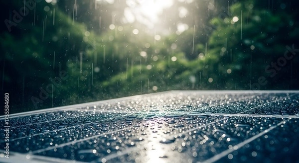 Fototapeta Solar Panel with Raindrops Against Green Forest Scenery Sustainable Energy Innovation Outdoor Environment Technology Rain