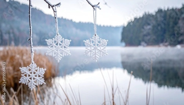 Fototapeta Frozen lake, snowflake ornaments hang from branches