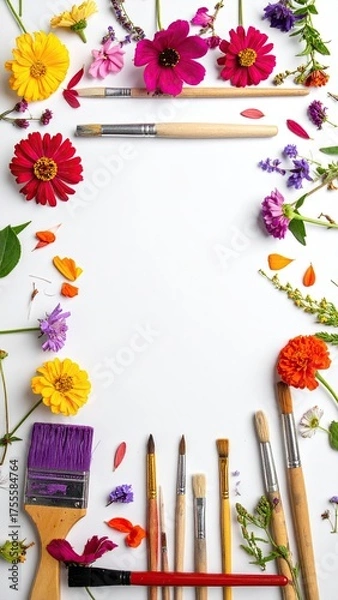 Fototapeta Floral frame with art brushes on a white background