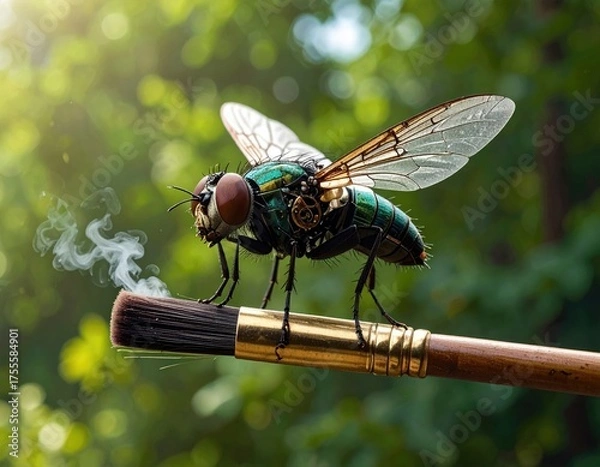 Fototapeta Fly-bot sits on a smoking paintbrush