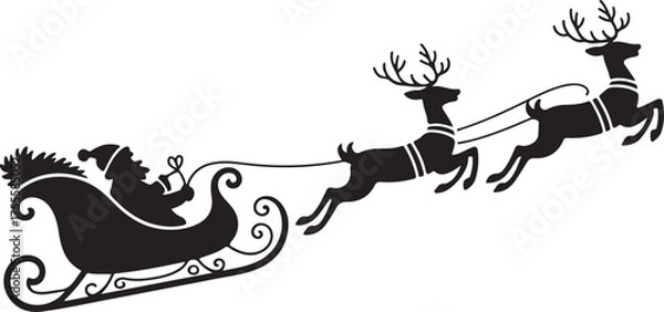 Obraz Santa Claus on sleigh flying sky with reindeers black vector silhouette on white background. illustration design for winter holiday decoration, Christmas greeting card and Happy new year