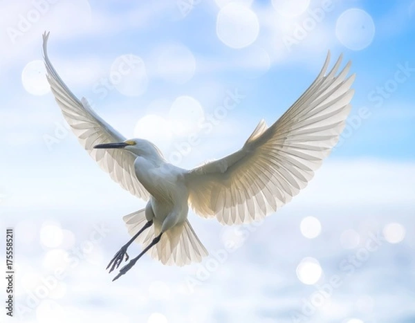 Fototapeta White bird soars with wings spread against bokeh sky