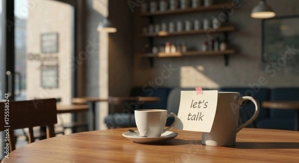Fototapeta Coffee cups on a table inside a cafe with "let's talk" note