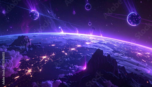 Fototapeta A breathtaking cosmic vista showcasing a vibrant planet with celestial phenomena and otherworldly atmosphere.