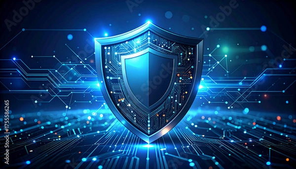 Fototapeta Digital shield with circuit board design for cybersecurity.
