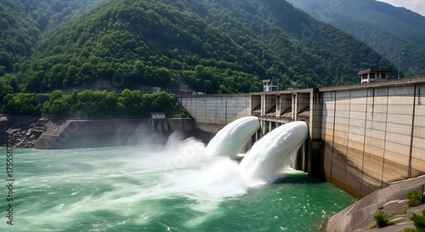 Fototapeta Water Emission From Dam In Lake Surrounded By Mountains And Trees Generating Energy Power