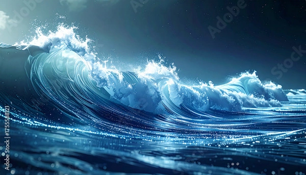 Fototapeta Dramatic wave cresting with foam and spray, illuminated against a dark blue background.