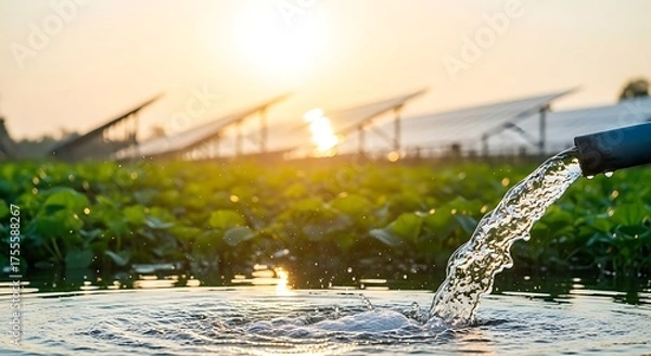 Fototapeta Water Pumping From Pipe Near Solar Panel Array On Agriculture Field Against Sunrise Sky