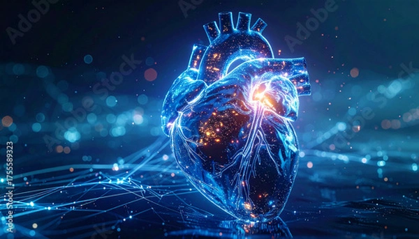 Fototapeta Digital human heart with glowing connections and data points, representing advanced medical technology and scientific innovation.