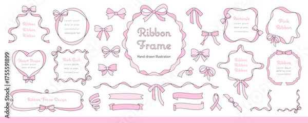 Obraz 手描きのリボンフレームセット ピンク / 手書き、イラスト
