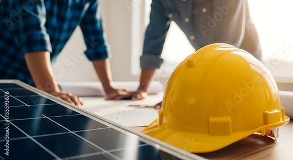 Fototapeta Close up construction project engineer looking blueprints on solar panel renewable energy future