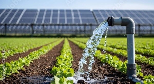 Fototapeta Solar Powered Agriculture: Sustainable Farming with Solar Panels Providing Water for Irrigation in a Lush Green Field Agriculture Cultivation.