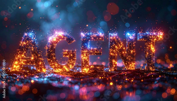 Fototapeta Dynamic digital render of the word AGENT, glowing with vibrant, swirling particles against a dark, abstract background, representing technology and data intelligence