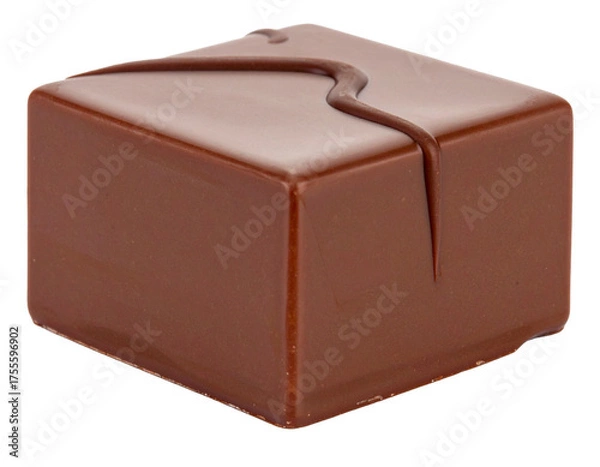 Obraz Chocolate cube isolated on white background. Dark cocoa piece for confectionery, dessert, or sweet snack concept.