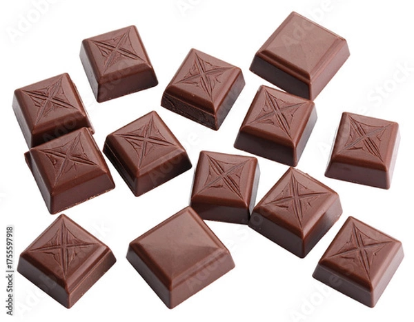 Obraz Group of chocolate square pieces isolated on white. Broken chunks from a dark chocolate bar.