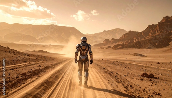 Fototapeta An astronaut in a futuristic suit walks alone on a dusty road through a vast, arid, mountainous desert landscape under a hazy orange sky.