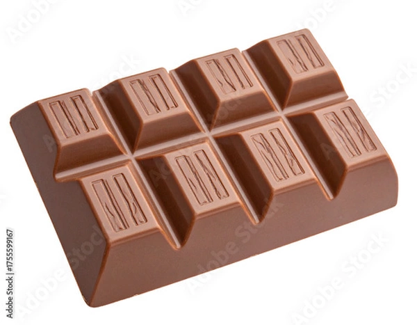 Obraz Milk chocolate bar isolated on white background. Classic sweet snack, smooth and segmented.