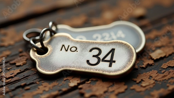Obraz Metal dog tag with number lying on wood symbolizing unknown wartime identity