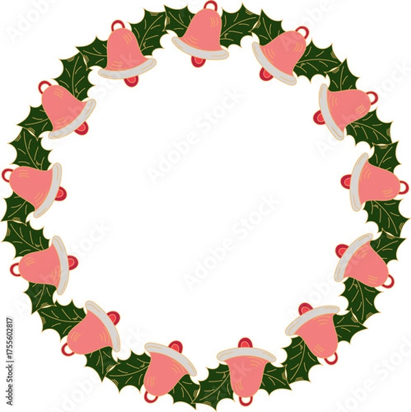 Obraz Christmas wreath with bells and holly leaves, decorative border doodle style isolated on white background
