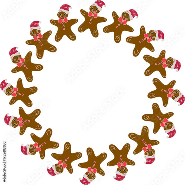 Obraz Christmas wreath with gingerbread man, decorative border doodle style isolated on white background
