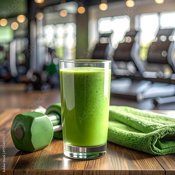 Fototapeta A healthy green smoothie, weights, and towel set on a wood table